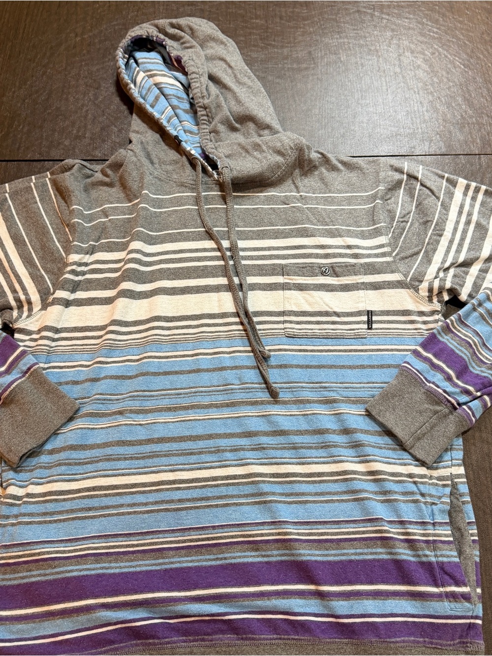 Billabong Surf Striped Hoodie Pullover Gray Blue Purple White Sz L